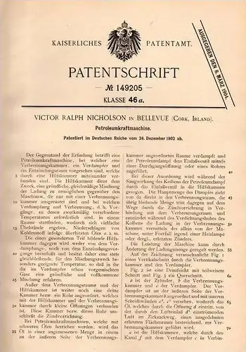 Original Patentschrift - V. Nicholson in Bellevue , Cork , Ireland , 1902 , Petroleum - Machine , Kraftmaschine !!!