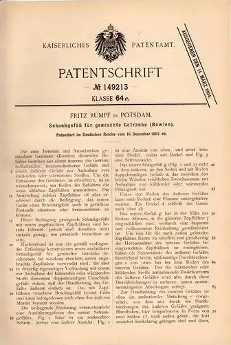 Original Patentschrift - F. Rumpf in Potsdam , 1902 , Schankgefäß für Bowle , Mixgetränke !!!