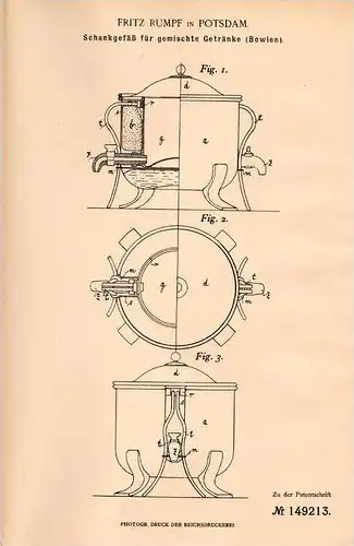 Original Patentschrift - F. Rumpf in Potsdam , 1902 , Schankgefäß für Bowle , Mixgetränke !!!