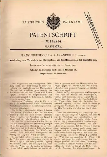 Original Patentschrift - F. Giurgevich in Alexandrien , Egypt , 1903 , Apparat für Schiffe bei bewegter See !!!