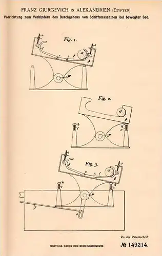 Original Patentschrift - F. Giurgevich in Alexandrien , Egypt , 1903 , Apparat für Schiffe bei bewegter See !!!