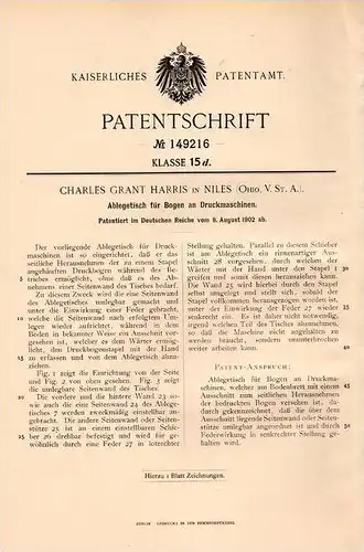 Original Patentschrift - Ch. Harris in Niles , Ohio , 1902 , Tisch für Druckmaschine , Druckerei , Druck , Buchdruck !!!