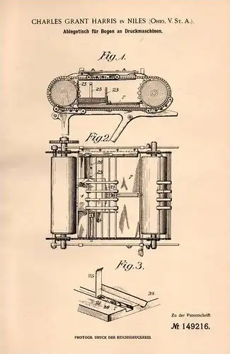 Original Patentschrift - Ch. Harris in Niles , Ohio , 1902 , Tisch für Druckmaschine , Druckerei , Druck , Buchdruck !!!