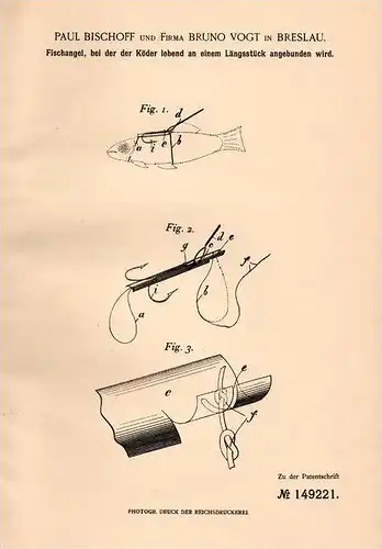 Original Patentschrift - P. Bischoff und B. Vogt in Breslau , 1903 , Fisch - Angel mit Köder , Fisch , Angler !!!