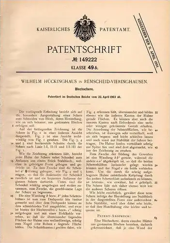 Original Patentschrift - W. Hückinghaus in Remscheid - Vieringhausen , 1903 , Blechschere , Blech , Metallbau !!!