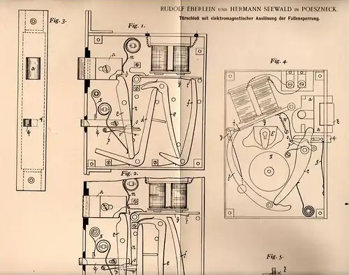 Original Patentschrift - R. Eberlein und H. Seewald in Pößneck , 1902 , elektromagnetisches Türschloß !!!