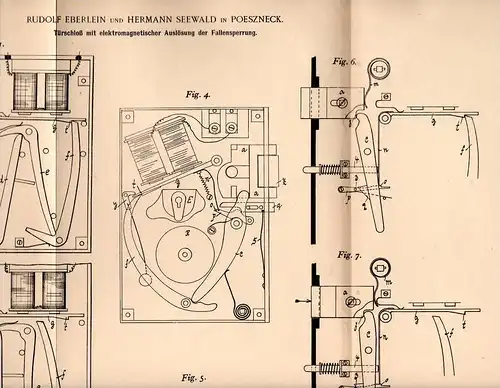 Original Patentschrift - R. Eberlein und H. Seewald in Pößneck , 1902 , elektromagnetisches Türschloß !!!