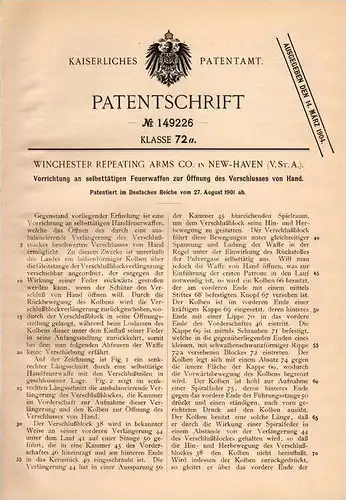 Original Patentschrift - Winchester Repeating Arms Co in New Haven , 1901 , Apparat für Gewehr , Pistol , Pistole !!!
