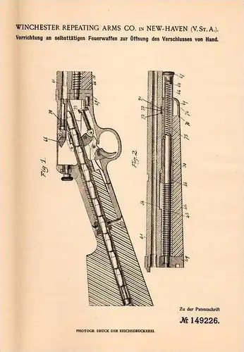 Original Patentschrift - Winchester Repeating Arms Co in New Haven , 1901 , Apparat für Gewehr , Pistol , Pistole !!!