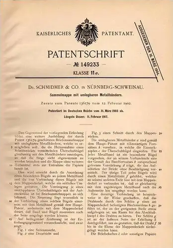 Original Patentschrift - Dr. Schmidmer & co in Nürnberg - Schweinau , 1903 , Sammelmappe mit Metallbändern !!!
