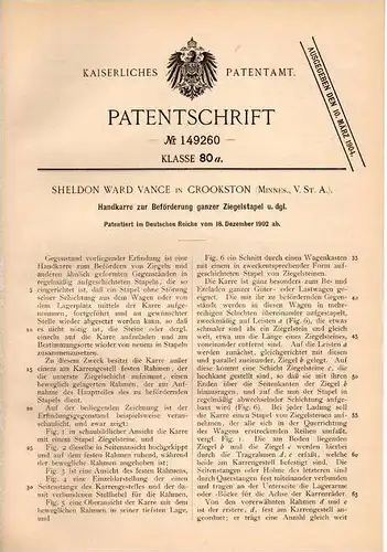 Original Patentschrift - S. Vance in Crookstone , Minnes., 1902 , Karre für Ziegel , Steine , Ziegelei !!!