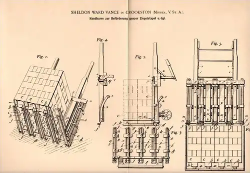 Original Patentschrift - S. Vance in Crookstone , Minnes., 1902 , Karre für Ziegel , Steine , Ziegelei !!!