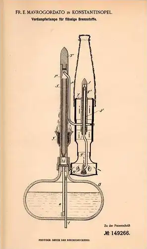 Original Patentschrift - Fr.E. Mavrogordato in Konstantinopel , 1901 , Verdampfer für flüssige Brennstoffe !!!