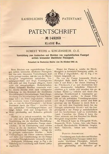 Original Patentschrift - R. Weiss in Kingersheim i.E., 1902 , Apparat zum Auskochen und Bleichen von Fasern !!!