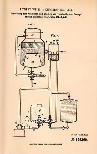 Original Patentschrift - R. Weiss in Kingersheim i.E., 1902 , Apparat zum Auskochen und Bleichen von Fasern !!!