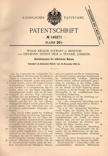 Original Patentschrift - W. Stewart und H. Dick in Brixton und Strand , 1902 , elektrische Bahn , tram , train !!!