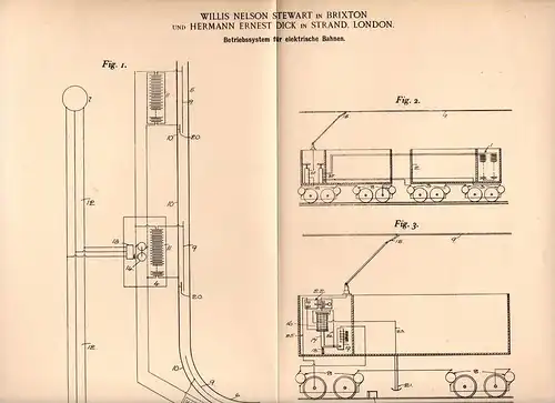 Original Patentschrift - W. Stewart und H. Dick in Brixton und Strand , 1902 , elektrische Bahn , tram , train !!!