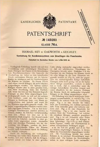 Original Patentschrift - I. Hey in Oakworth b. Keighley , 1902 , Apparat für Faser - Maschinen , Kämmaschine , Kämmerei