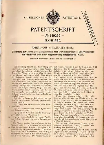 Original Patentschrift - J. Moss in Wallasey , England , 1902 , Sperre für Verkauf - Automat !!!