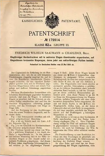Original Patentschrift - F. Saatmann in Charleroi , 1905 , Trockner , Hordentrockner , Heizung !!!