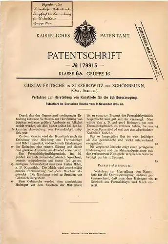 Original Patentschrift - G. Fritsche in Strzebowitz b. Schönbrunn , Schlesien , 1904 , Spiritus - Herstellung aus Hefe !
