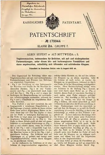 Original Patentschrift - A. Seifert in Altmittweida i.S., 1905 , Teigformmaschine , Bäckerei , Bäcker , Brötchen !!!