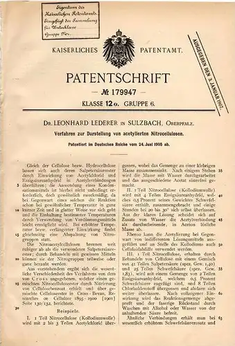 Original Patentschrift - Dr. L. Lederer in Sulzbach - Rosenberg , 1905 , Darstellung von Nitrocellulosen , Chemie !!!