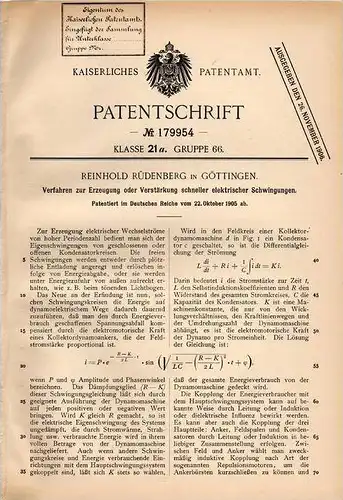 Original Patentschrift - R. Rüdenberg in Göttingen , 1905 , Erzeugung elektrischer Schwingungen , Elektrik !!!