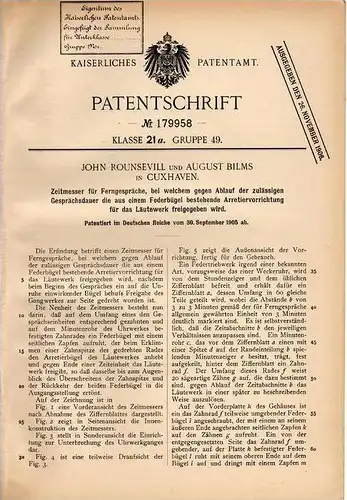 Original Patentschrift - J. Rounsevill und A. Bilms in Cuxhaven , 1905 , Zeitmesser für Ferngespräche , Telephon !!!