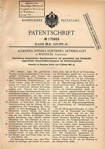 Original Patentschrift - Allmänna Svenska Elektriska in Westeras / Västeras , 1905 , Schaltung für Motor , sweden !!!