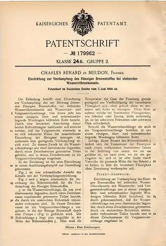 Original Patentschrift - Ch. Renard in Meudon , 1904 , Verdampfer für Brennstoffe , Heizung !!!