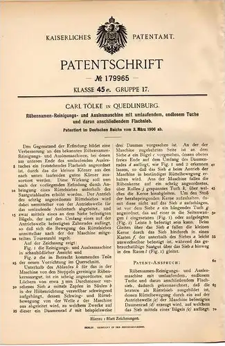 Original Patentschrift - C. Tölke in Quedlinburg , 1906, Auslese- und Reinigungsmaschine für Rübensamen , Landwirtschaft