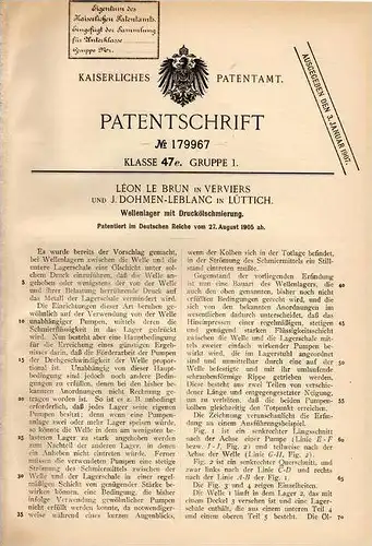 Original Patentschrift - L. de Brun und J. Dohmen-Leblanc in Verviers , 1905 , Druckölschmierung für Lager , Oel , Öl !!