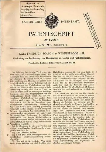 Original Patentschrift - C.F. Fölsch in Wernigerode a.H.,1903,Abmessung von Leisten und Schuhen , Schuster , Schuhmacher