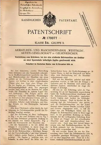 Original Patentschrift - Westfalia AG in Gelsenkirchen , 1904 , Bohrmaschine zum Schrämen !!!