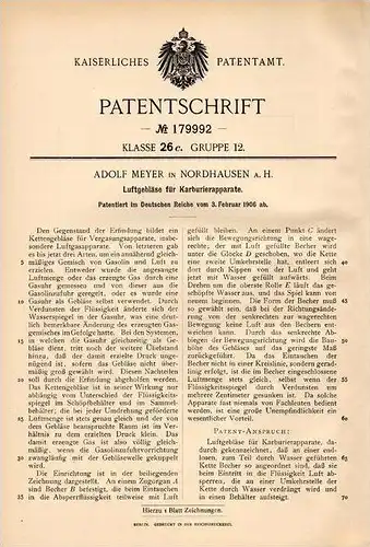Original Patentschrift - Adolf Meyer in Nordhausen a.H., 1906 , Gebläse für Karburator , Carburator , Vergaser  !!!