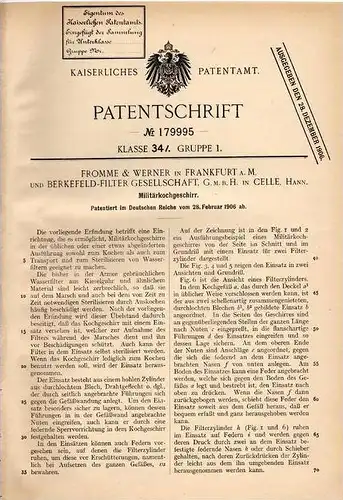 Original Patentschrift - Berkefeld - Filter GmbH in Celle , 1906 , Militär - Kochgeschirr , Geschirr , Töpfe , Kochen !!