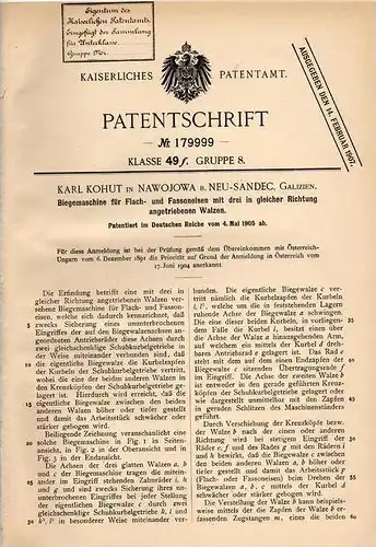 Original Patentschrift - K. Kohut in Nawojowa b. Neu Sandez / Nowy Sacz , 1905 , Biegemaschine für Flacheisen , Eisen !!