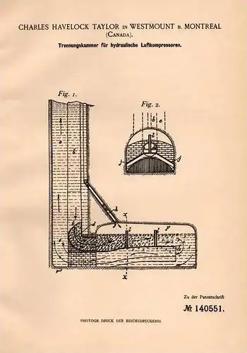 Original Patentschrift - C. Taylor in Westmount b. Montreal , 1902 , hydraulische Kompressoren , compressor !!!