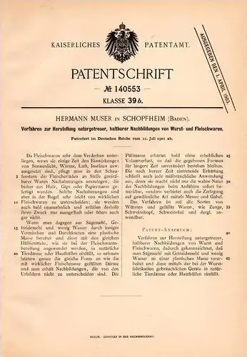 Original Patentschrift - H. Munser in Schopfheim , Baden ,1902, Wurst und Fleisch für Schaufenster , Fleischer , Metzger
