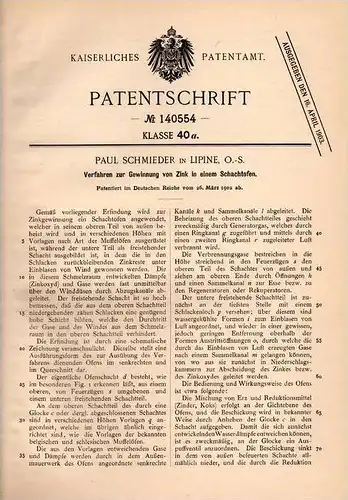 Original Patentschrift - P. Schmieder in Lipine / Lipiny O.-S.,1902, Gewinnung von Zink aus Ofen , &#346;wi&#281;toch