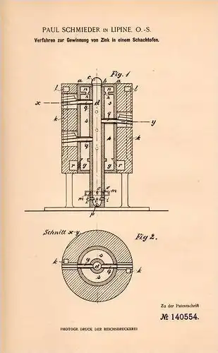 Original Patentschrift - P. Schmieder in Lipine / Lipiny O.-S.,1902, Gewinnung von Zink aus Ofen , &#346;wi&#281;toch