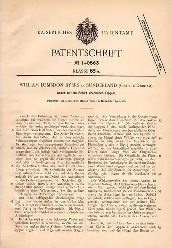 Original Patentschrift - W. Byers in Sunderland , Durham , 1900 , Anker für Schiffe , Schiff , ship !!!