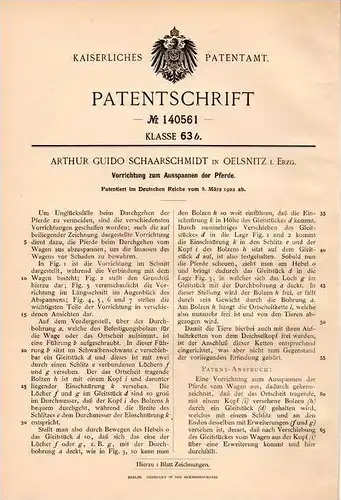 Original Patentschrift - A. Schaarschmidt in Oelsnitz i. Erzgeb., 1902 , Apparat für Pferde , Pferd , Kutsche !!!
