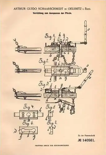 Original Patentschrift - A. Schaarschmidt in Oelsnitz i. Erzgeb., 1902 , Apparat für Pferde , Pferd , Kutsche !!!