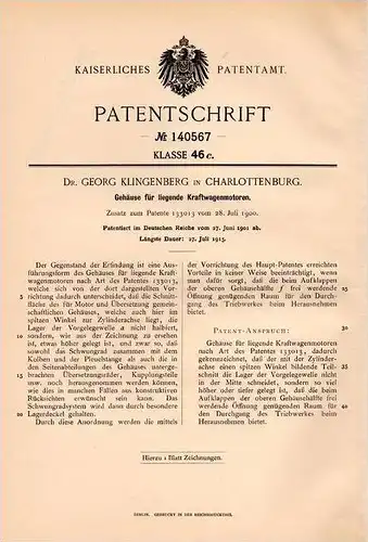 Original Patentschrift - Dr. G. Klingenberg in Charlottenburg , 1901, Gehäuse für Kraftwagenmotoren , Automobile , Motor