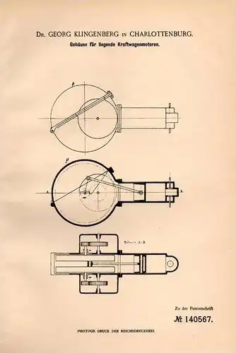 Original Patentschrift - Dr. G. Klingenberg in Charlottenburg , 1901, Gehäuse für Kraftwagenmotoren , Automobile , Motor