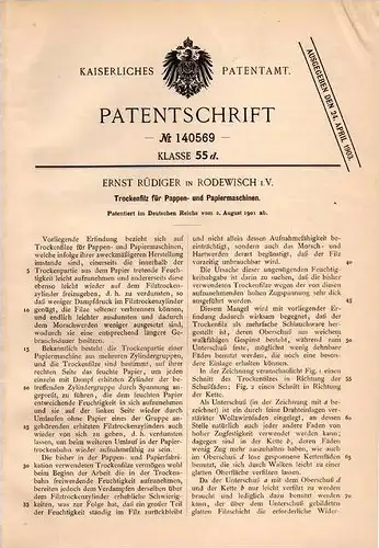 Original Patentschrift - Ernst Rüdiger in Rodewisch i.V., 1901 , Filz für Papiermaschine , Papier , Papierfabrik !!!