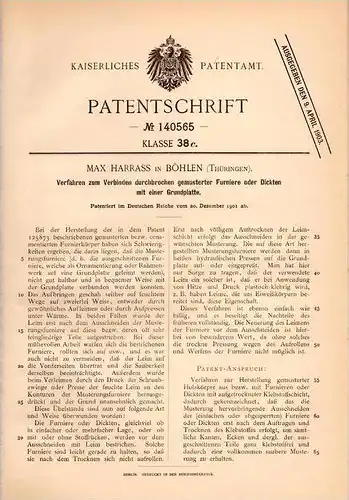 Original Patentschrift - Max Harrass in Böhlen b. Ilmenau i. Th., 1901 , Furnier , Leim , Tischlerei !!!