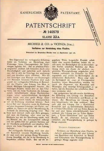 Original Patentschrift - Michieli & Co in Vicenza , Italia , 1901 , Herstellung von Fixativ , Malerei , Zeichnung !!!